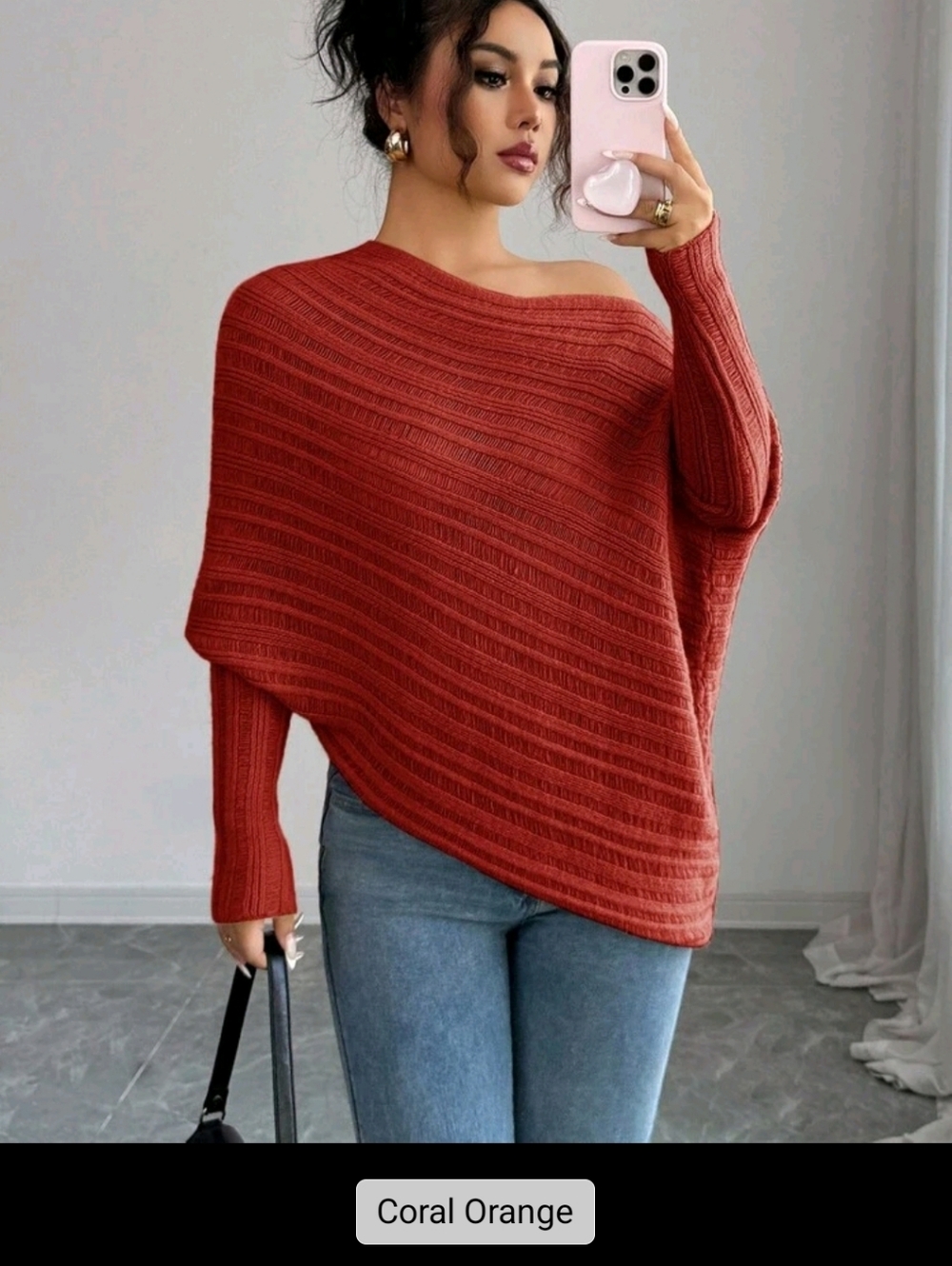 Burnt Orange  Off-Shoulder Ribbed Women’s Sweater